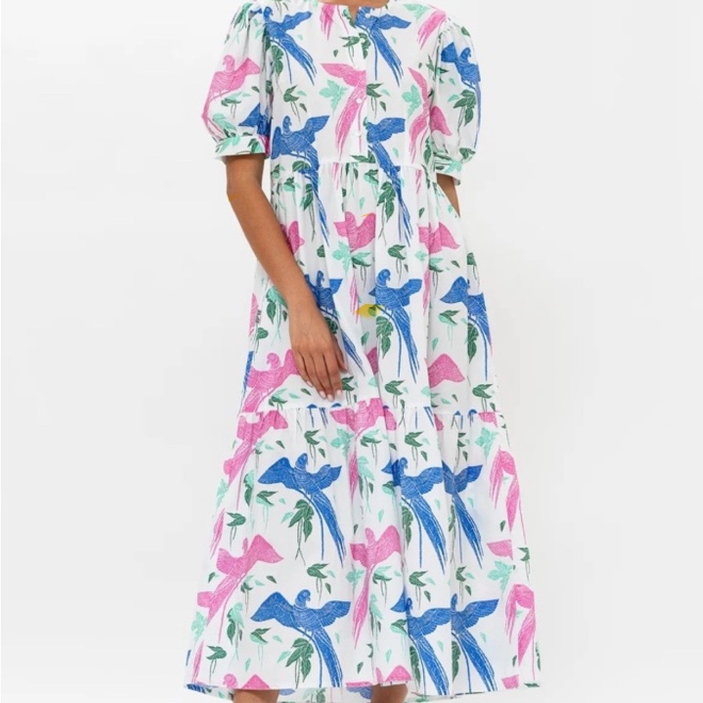 Oliphant Blue Macaw Print Midi Dress